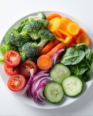 Vibrant Rainbow Medley of Freshly Sliced Raw Vegetables on a White Plate.
