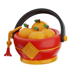 3D Render of Red Festive Bucket with Orange Fruits on Transparent Background
