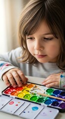 Fototapeta premium Child Concentrating on Watercolor Painting.