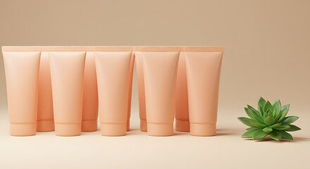Series of Peach Cosmetic Tubes with Green Succulent Plant on Neutral Background