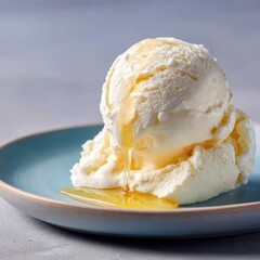 Creamy Vanilla Ice Cream Scoops with Golden Honey Drizzle on Blue Plate, Sweet Dessert.