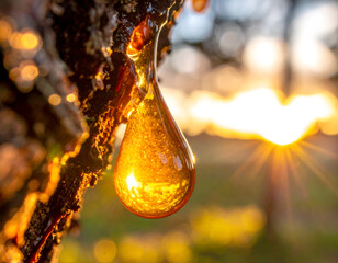 A beautiful, golden drop of resin on a pine tree trunk, with the warm, setting sun in the background. A macro shot of natural amber. Generative AI