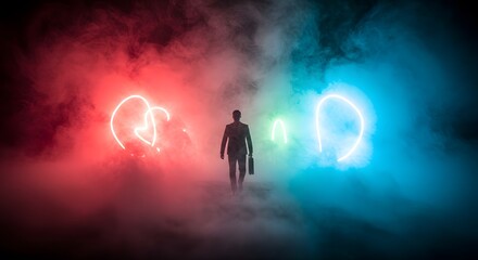 Silhouette of Businessperson Walking Through Colorful Neon Light Smoke with Heart and Letter Shapes in Dark Atmosphere