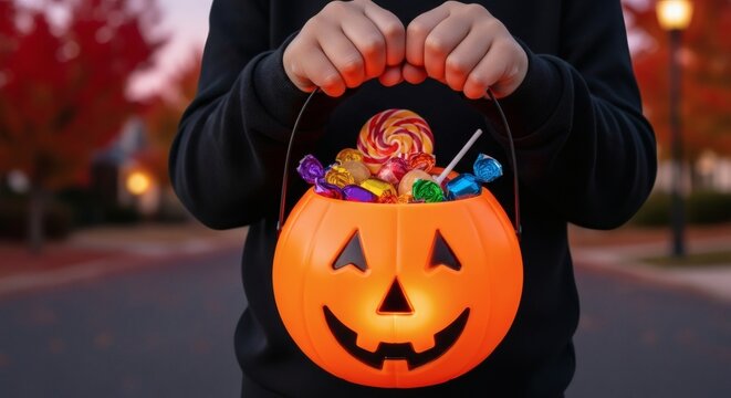 A child holding a pumpkin shaped bucket full of candy during halloween trick or treating outdoors at dusk
