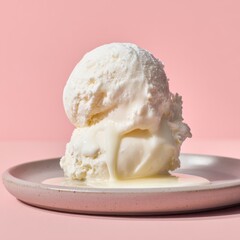 Luscious Vanilla Ice Cream Scoop Melting on a Pastel Plate Against a Bold Pink Studio Background.