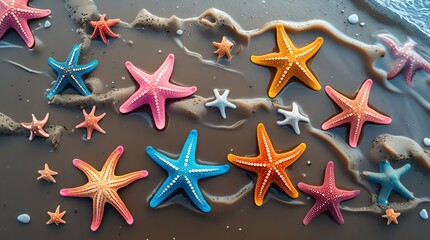 Colorful starfish scattered on a wet sandy beach