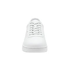 A clean white leather sneaker isolated on a transparent background, front view