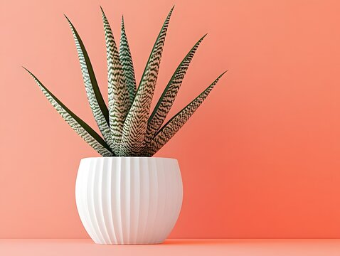 Stylish snake plant in white pot against peach backdrop, modern minimalism concept