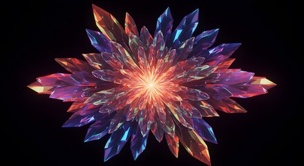 Vibrant Crystal Flower with Bright Center on Black Background