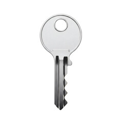 A single silver metal key isolated on a transparent background, representing security and access