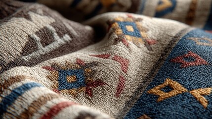 Fototapeta premium Closeup of patterned fabric with warm earthy tones and geometric designs