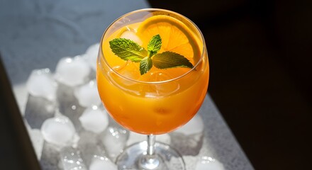Vibrant Orange Cocktail with Mint Garnish in Glass on Grey Surface with Ice