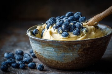 Creamy Dessert Topped with Fresh Blueberries in Rustic Bowl, Wooden Spoon.