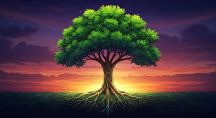 Vivid Green Tree with Exposed Roots Against Colorful Sunset Sky