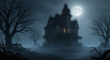 Fototapeta premium A spooky haunted house under a full moon surrounded by bare trees and fog in a dark and eerie night scene