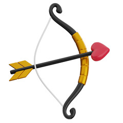 3d Render of Black and Gold Bow and Arrow with Red Heart Tip on Transparent Background