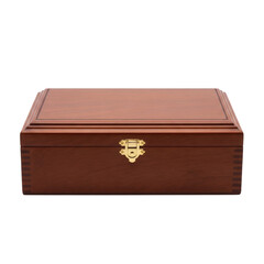 A closed wooden box with a golden latch, isolated on transparent background