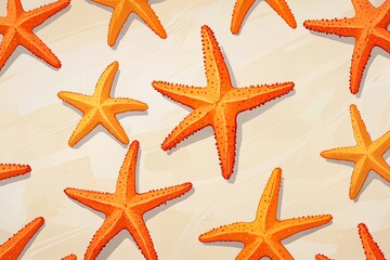 Orange starfish scattered on a textured sandycolored background