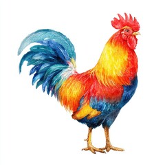 Fototapeta premium Watercolor depiction of a vibrant rooster, showcasing vivid red, yellow, blue and green plumage