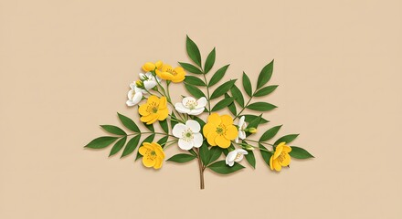 Yellow and White Flower Branch with Green Leaves on Neutral Background