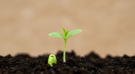 Young Green Sprout Growing in Dark Soil with Small Seedling