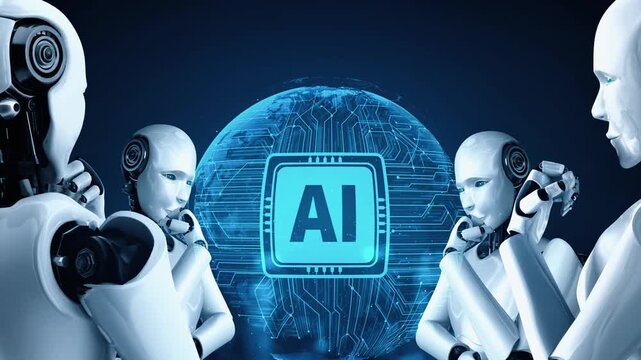 Thinking AI hominoid robot analyzing hologram screen showing concept of AI brain and artificial intelligence thinking by machine learning process. 3D rendering.