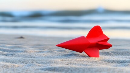 Red Rocket Toy on Sandy Beach Seascape