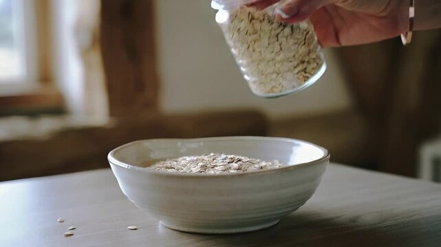Pouring oats into a bowl for breakfast