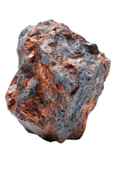 Irregular, dark grey and copper-toned rock with rough texture and visible veining, isolated on black background
