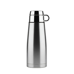 Modern stainless steel thermos flask with a black lid and handle, isolated on transparent background
