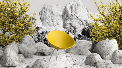 Yellow Chair in Mountain Landscape with Rocks and Yellow Blossoms