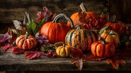 Rustic Autumn Still Life - Vibrant Pumpkins and Fall Foliage Display.
