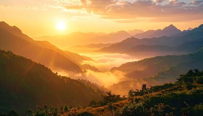 Golden Sunset Over Mountain Valley with Soft Light and Tranquil Reflections Under Cloudy Sky and Silhouetted Trees a Scenic Panorama Landscape