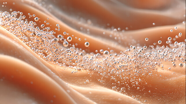 Close-up texture of warm, peach-colored fabric or skin surface covered in microbubbles or effervescent liquid droplets, symbolizing cleansing or saturation.