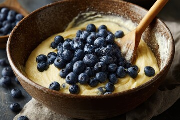 Rustic Bowl Overflowing with Fresh Blueberries and Batter, Wooden Spoon Stirring Sweetness.