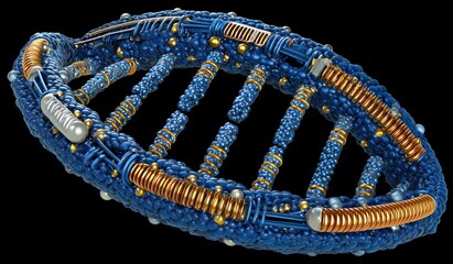 Artistic rendering of DNA helix with metallic accents and spherical textures against black