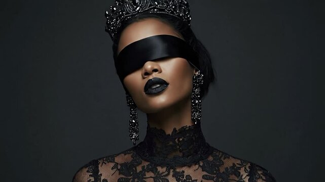Woman with crown eye mask dark makeup in lace dress earrings