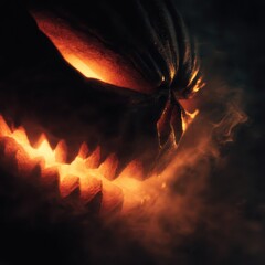 Eerie Jack-o-Lantern with Fiery Glow and Wisps of Smoke in Deep Darkness.