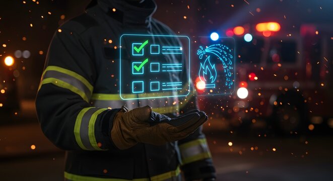 Firefighter displaying digital checklist interface with emergency response icons and blurred fire truck background.