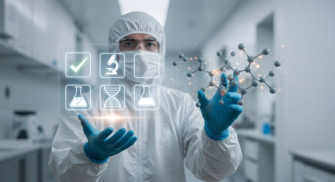 Scientist analyzing molecular structure with holographic interface in modern research laboratory setting.