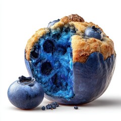 Artistic Blueberry Muffin Hybrid with Exploded Blue Core and Fresh Berries.