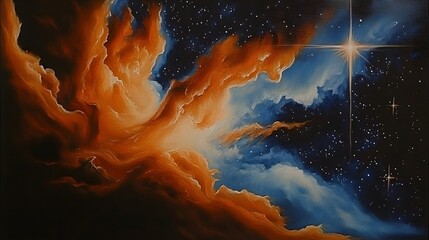 Dramatic nebula artwork with cosmic cloud and distant starfield backdrop concept