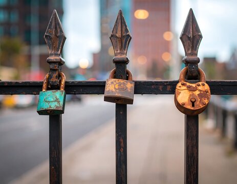 Rusty padlocks on a metal fence