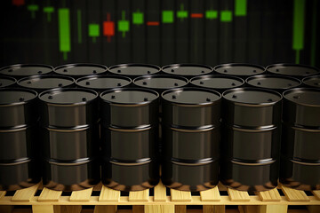 Rows of black oil barrels stacked on wooden pallets with a blurred stock market graph in the background