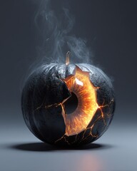 A Dark, Cracked Pumpkin Smolders, Revealing a Fiery Molten Lava Core.