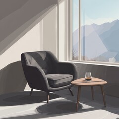 Fototapeta premium Contemplative Corner - Modern Chair in a Sun-Drenched Room Overlooking Peaks.