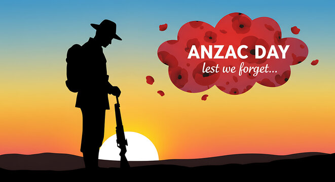 Silhouette of a lone soldier standing at attention with rifle at sunset remembering fallen heroes on anzac day