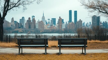Two park benches are empty in a park overlooking a city