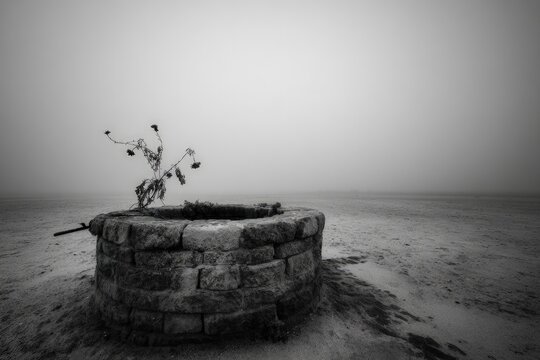 Gray Stone Well in a Misty Desert Landscape
