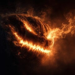 Fiery Jack-o-Lantern - Eerie Halloween Pumpkin with Burning Flames and Dark Smoke.